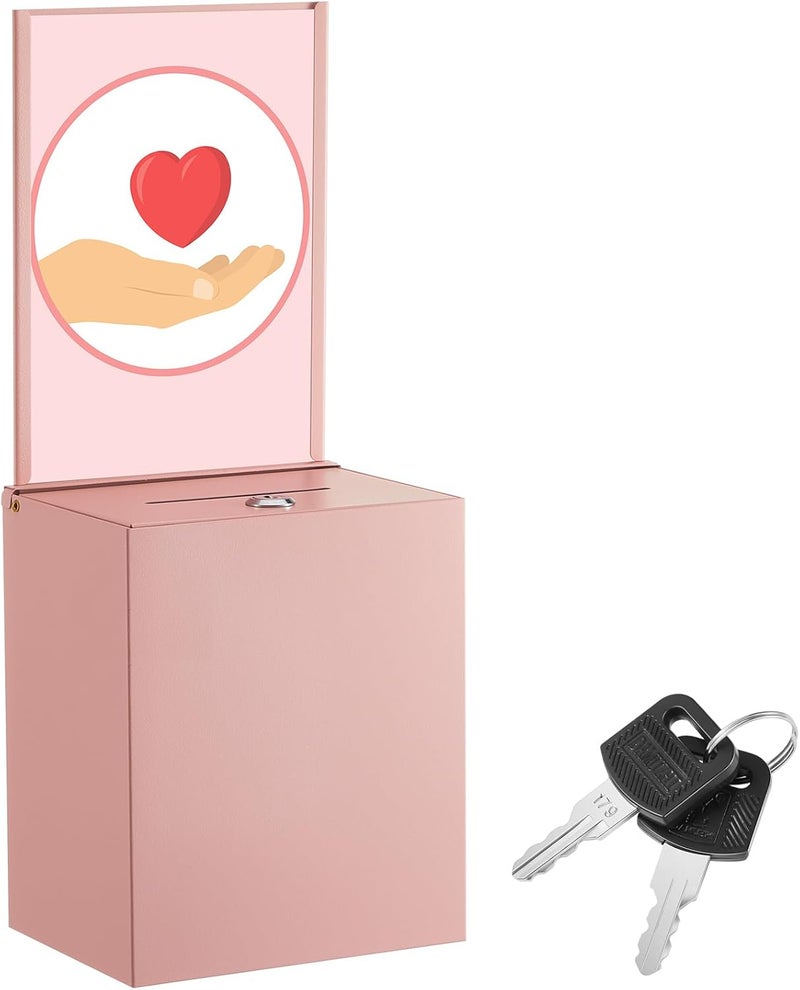 Weekgrat Metal Donation Box with Lock 6.7 x 5 x 8 Inch Safe Ballot Suggestion Box with Sign Holder and Slot Tip Jar Voting Collection Raffle Mailbox for Voting Fundraising Collection(Pink) - Image 1